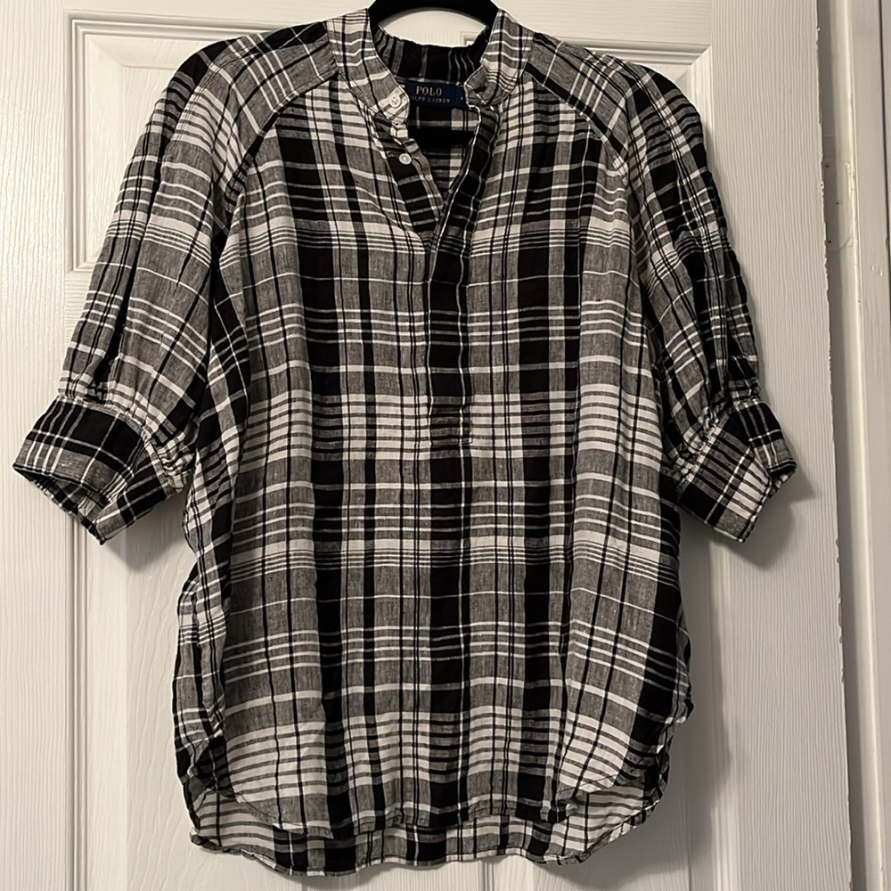 Ralph Lauren Cici Blouson-Sleeve Plaid Linen Popover - Picture 5 of 9